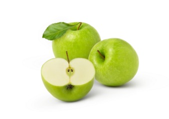 Green apples isolated. Whole apple with half and leaf