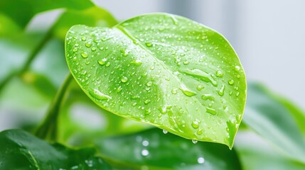 Close-up of a vibrant, dewy leaf.  Fresh greenery, water droplets clinging to a healthy plant