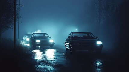 Emergency vehicles navigate through low visibility to respond to a crime scene.