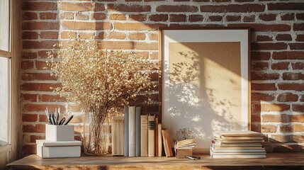 Vintage Workspace with Books and Dry Flowers in Cozy Setting