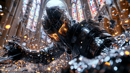 A futuristic knight in shining black armor emerges from a shattering state in a cathedral. Its eyes glow with internal light. Consider using it for game art.