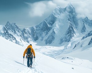 A solitary hiker traversing a snowy landscape towards tall mountains