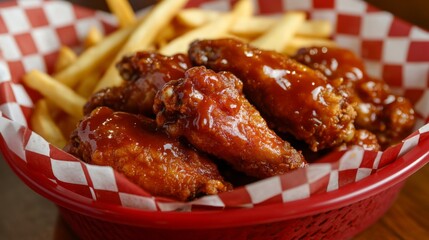 Crispy Chicken Wings with Barbecue Sauce and French Fries