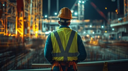 Obraz premium Construction worker observes a large building site at night