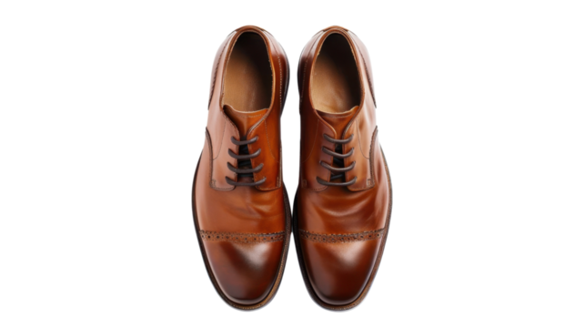 Pair of stylish brown leather men's shoes on transparent background - Powered by Adobe