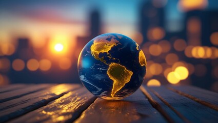 The background features a blurred city skyline with bokeh lights, suggesting an urban setting at sunset or twilight.