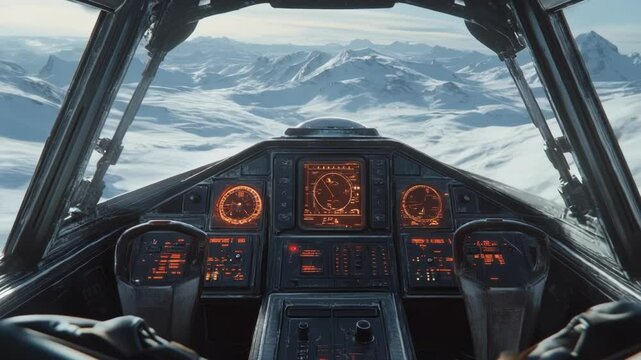 A closeup view highlights the hover jets advanced technology featuring glowing control panels and a hightech pit while the external view reveals breathtaking vistas of untouched snowfields