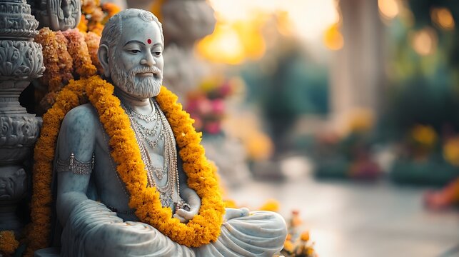 Marble statue of revered guru adorned with vibrant marigold flowers. Traditional Indian attire and jewelry. Festive tribute during Ramakrishna Jayanti