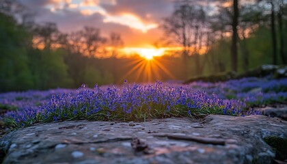 Fototapeta premium Beautiful bluebell field with a setting sun and bright sky