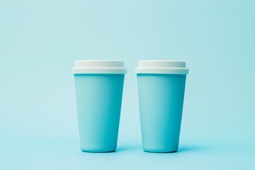 Two light blue coffee cups with white lids on a matching light blue background