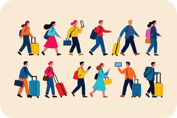 Diverse Crowd of Travelers Walking with Luggage and Bags on Beige Background