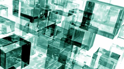 Abstract composition of translucent, teal-colored cubes, arranged in overlapping and floating positions