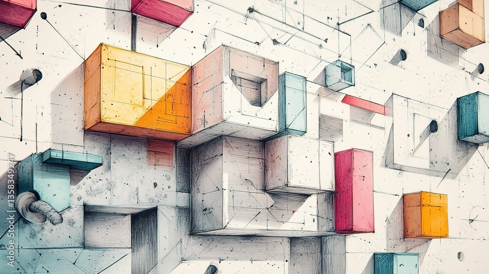 Poster hand-drawn architecture design with geometric shapes and colors