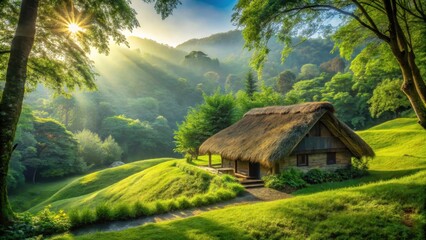 Serene Sunrise Illuminates Thatched-Roof Cottage Nestled in Verdant Rolling Hills
