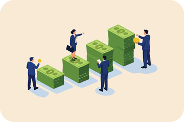 Financial Growth with People and Stacks of Money on Light Beige Background