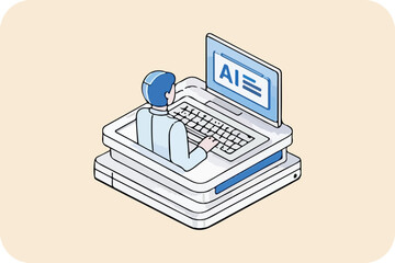 AI User Working on Laptop in Isometric Style on Beige Background