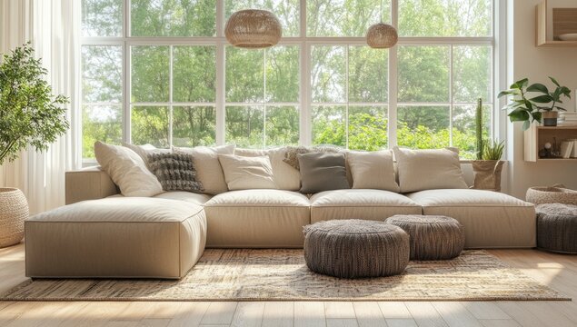 Fototapeta Modern beige sectional sofa in a bright, sunlit living room with large windows overlooking a tree-filled garden