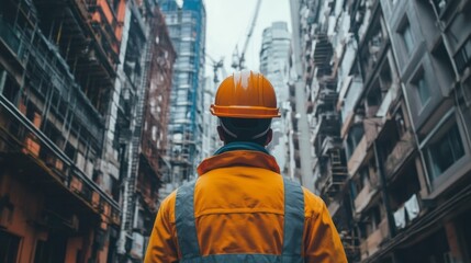Fototapeta premium Construction worker looks at buildings under construction in city