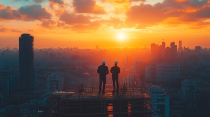 Fototapeta premium Two construction workers view a city skyline at sunset