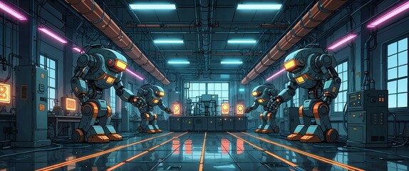 Fototapeta premium cartoon Cyberpunk factory interior with robotic arms and neon lit panels anime illustration art design