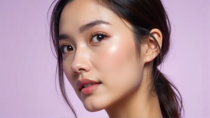 Naklejka premium Close-up portrait of a smiling young woman with glowing skin, bright green eyes, and natural makeup, against a soft lavender background. Generative, AI,