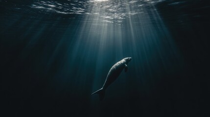 Naklejka premium Lone Manatee Gliding Through Serene Underwater Light