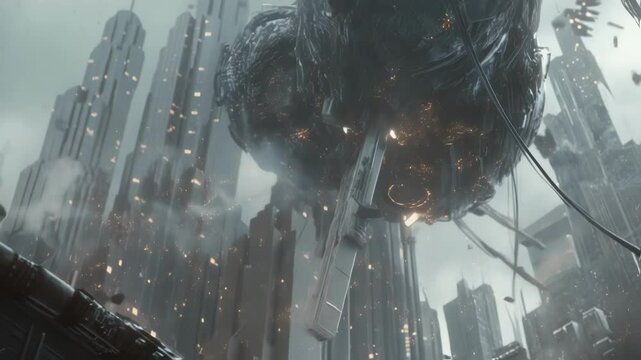 A detailed closeup reveals the titans biomechanical joints and cables with sparks flying from exposed wires showcasing the raw power and advanced engineering designed for destruction