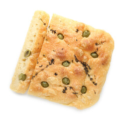 Pieces of delicious focaccia bread with olives and thyme isolated on white, top view