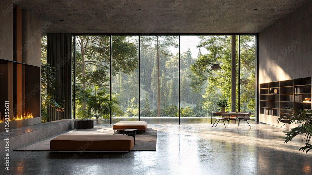 Poster modern loft space with nature view and minimalist design elements