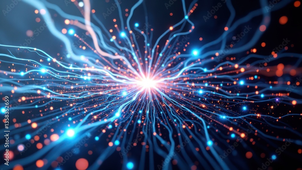 Poster abstract digital art with glowing particles and blue lines