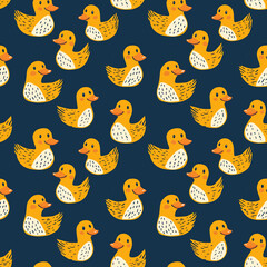 Seamless duck pattern with cute yellow cartoon birds on dark background, playful farm animal design for children&rsquo;s prints and fabric