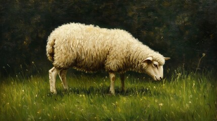 Fototapeta premium White Sheep Grazing in Green Field