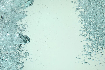 Many water bubbles on light background, closeup. Space for text