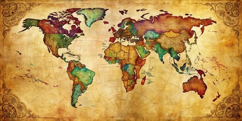 Antique World Map Illustration Vintage Style Geographic Chart Depicting Continents and Regions with Ornate Borders