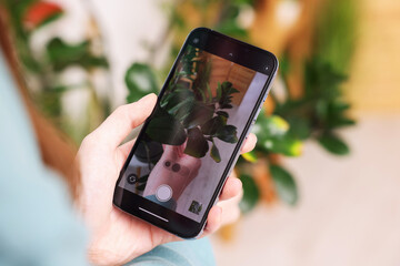 Woman using houseplant recognition application on smartphone indoors, closeup