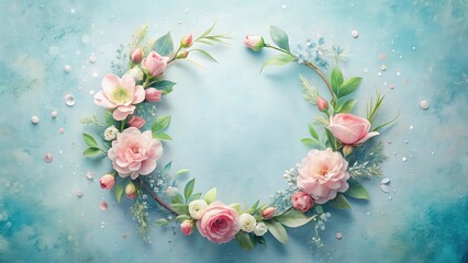 Pastel Floral Wreath Design with Delicate Blooms and Festive Confetti on a Textured Background
