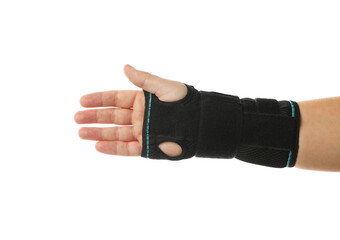 Injured woman with wrist brace on white background, closeup