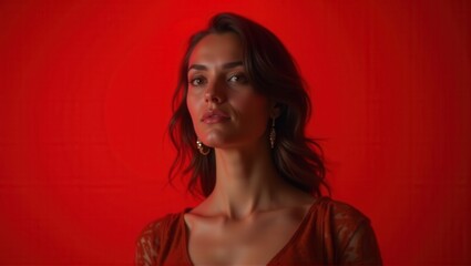 A woman with elegant earrings and a confident expression poses in front of a bright red background, wearing a red dress with a soft, relaxed posture. Generative, AI,