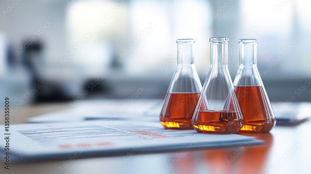 Poster glass flasks with chemical solutions on a laboratory table