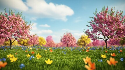 Fototapeta premium Beautiful spring meadow with lush green grass, blooming trees, a vibrant blue sky on a sunny day. A serene nature scene with soft sunlight a dreamy atmosphere, captured with a wide-angle perspective.