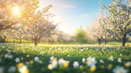 Fototapeta premium Beautiful spring meadow with lush green grass, blooming trees, a vibrant blue sky on a sunny day. A serene nature scene with soft sunlight a dreamy atmosphere, captured with a wide-angle perspective.