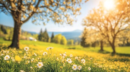Fototapeta premium Beautiful spring meadow with lush green grass, blooming trees, a vibrant blue sky on a sunny day. A serene nature scene with soft sunlight a dreamy atmosphere, captured with a wide-angle perspective.