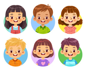 Collection of children faces from various nationalities, showcasing joyful expressions and wide smiles