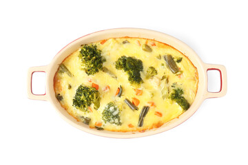 Delicious vegetable casserole isolated on white, top view