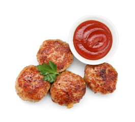 Delicious patties with sauce and parsley isolated on white, top view