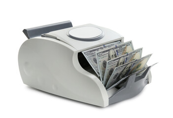 Money counter machine with dollar banknotes isolated on white