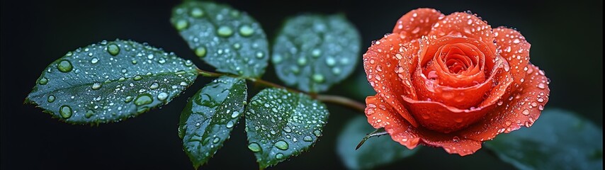 A vibrant orange rose and wet leaves display nature beauty