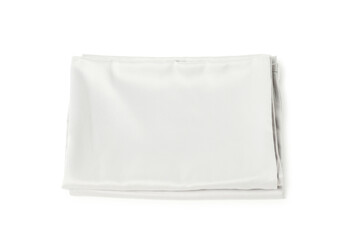 Clean silky bed linens on white background, above view