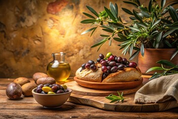 Rustic Still Life Featuring Olive Branch, Bread, Olives, and Oil