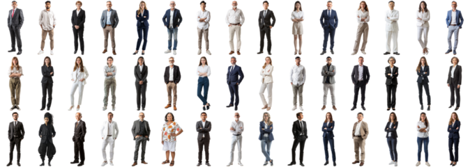 Many business people set isolated background, casual formal attire wear, full body length, networking mixed different diversed businesspeople, happy male female, successful career, crisp edges style